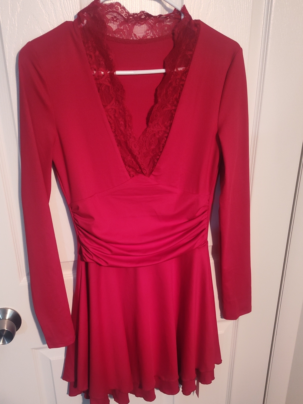 Women's Red Lace-Trim Long Sleeve Skater Dress